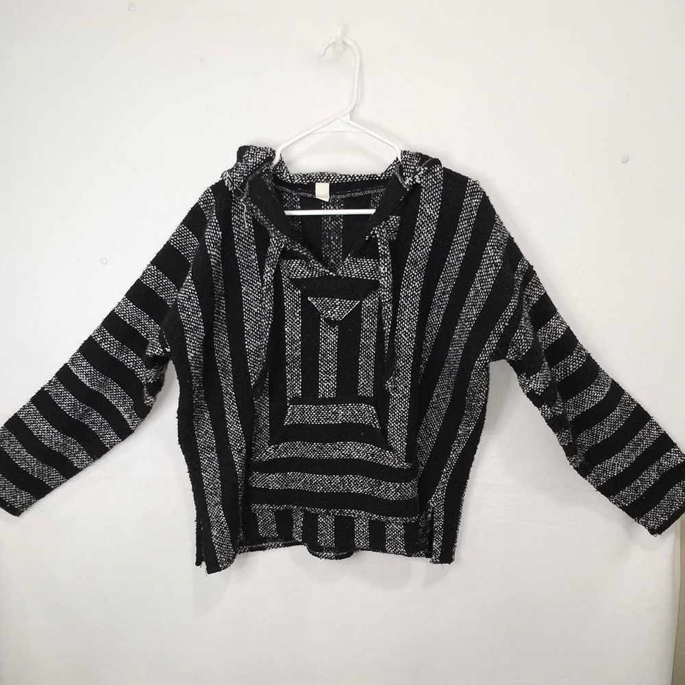 Artisan Woven Baja Hoodie Black White Striped Jerga Mexican Sweater Hooded L